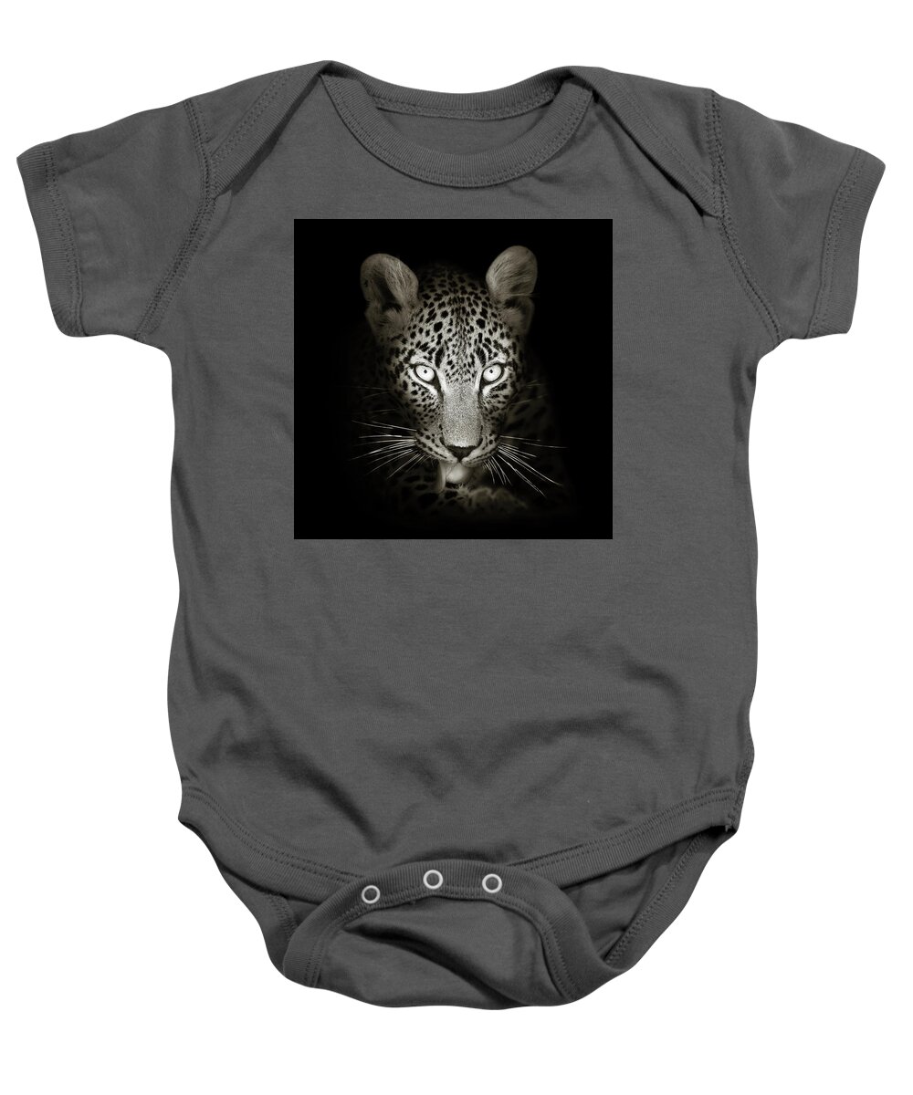 #faatoppicks Baby Onesie featuring the photograph Leopard portrait in the dark by Johan Swanepoel