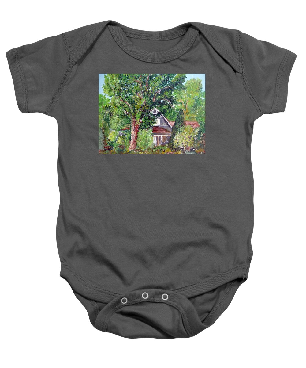 Ralph\'s House Baby Onesie featuring the painting Lesher Homestead Boulder CO by Tom Roderick