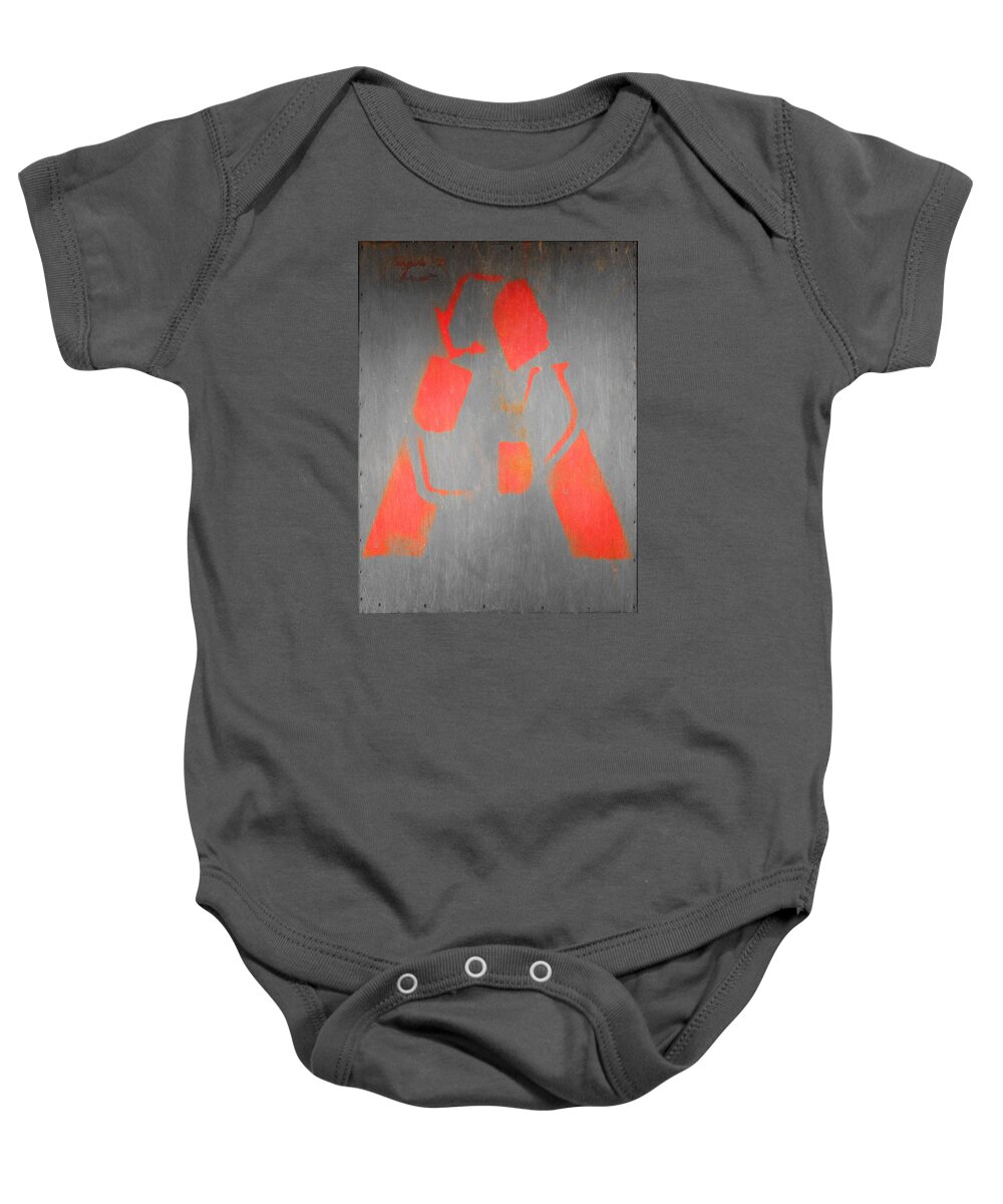 Red Baby Onesie featuring the photograph Letter A Red on Steel by Julie Niemela