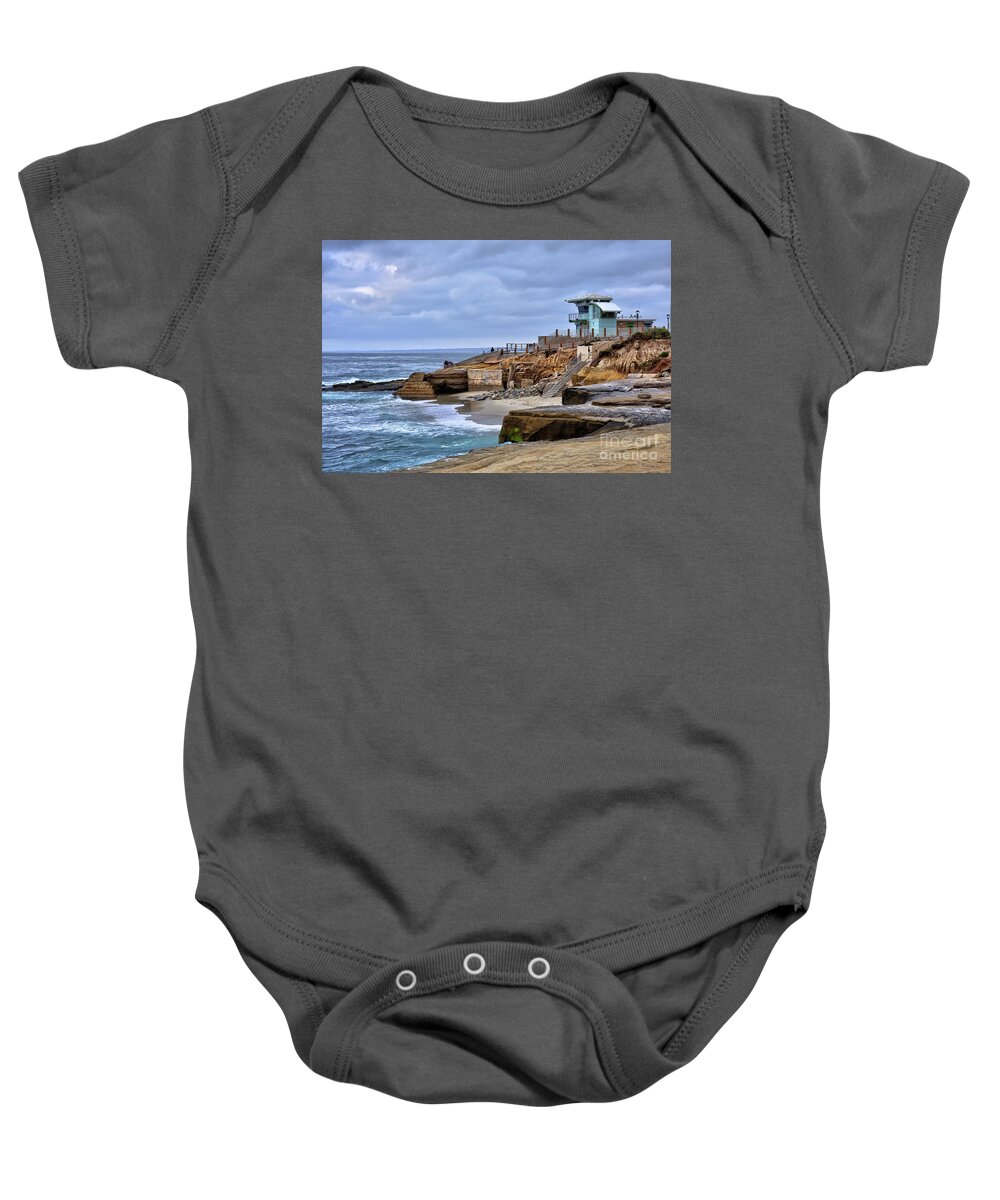 Lifeguard Baby Onesie featuring the photograph Lifeguard Station at Children's Pool by Eddie Yerkish