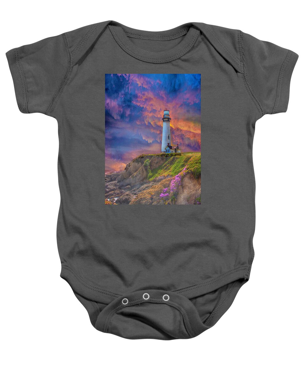 Landscape Water Lighthouse Sky Sunset Ocean Coast Scenic Pescadero Baby Onesie featuring the photograph Lighthouse at Pigeon Point by Patricia Dennis