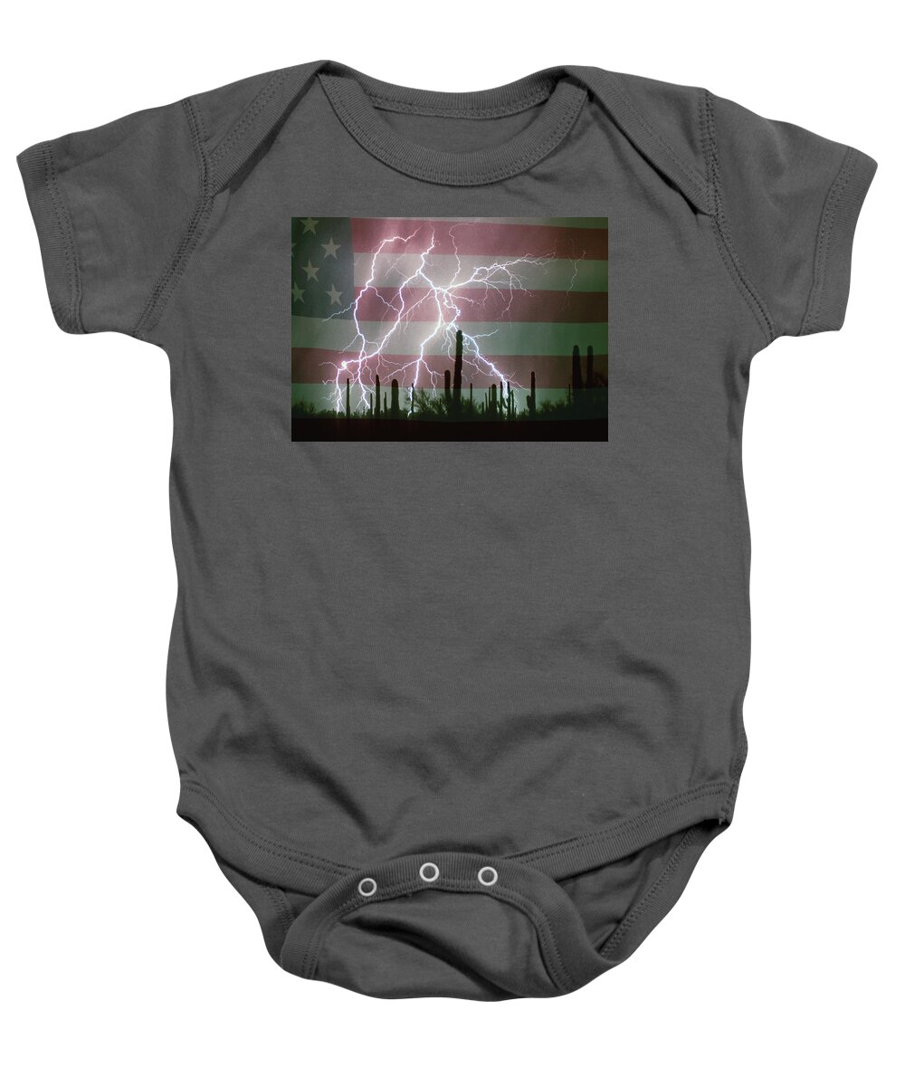 Americano Baby Onesie featuring the photograph Lightning Storm in the USA Desert Flag Background by James BO Insogna