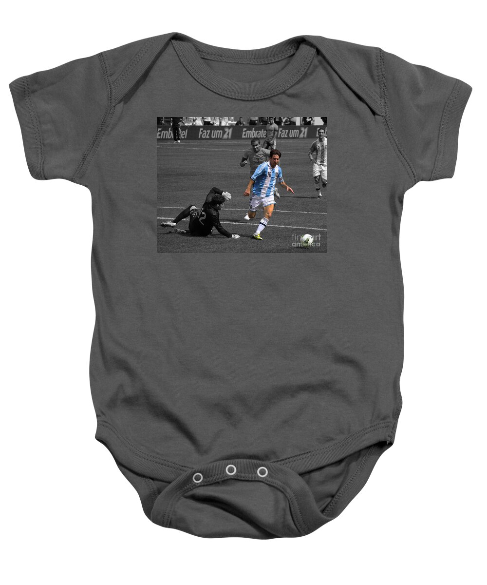 David And Goliath Lionel Messi And Neymar Junior Baby Onesie featuring the photograph Lionel Messi the King by Lee Dos Santos