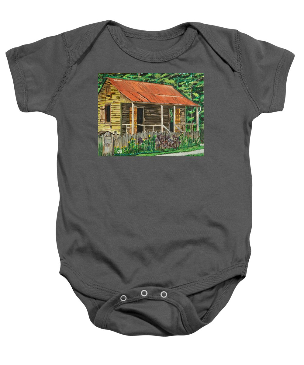 Little Cabin Baby Onesie featuring the painting Little Cabins by David Bigelow