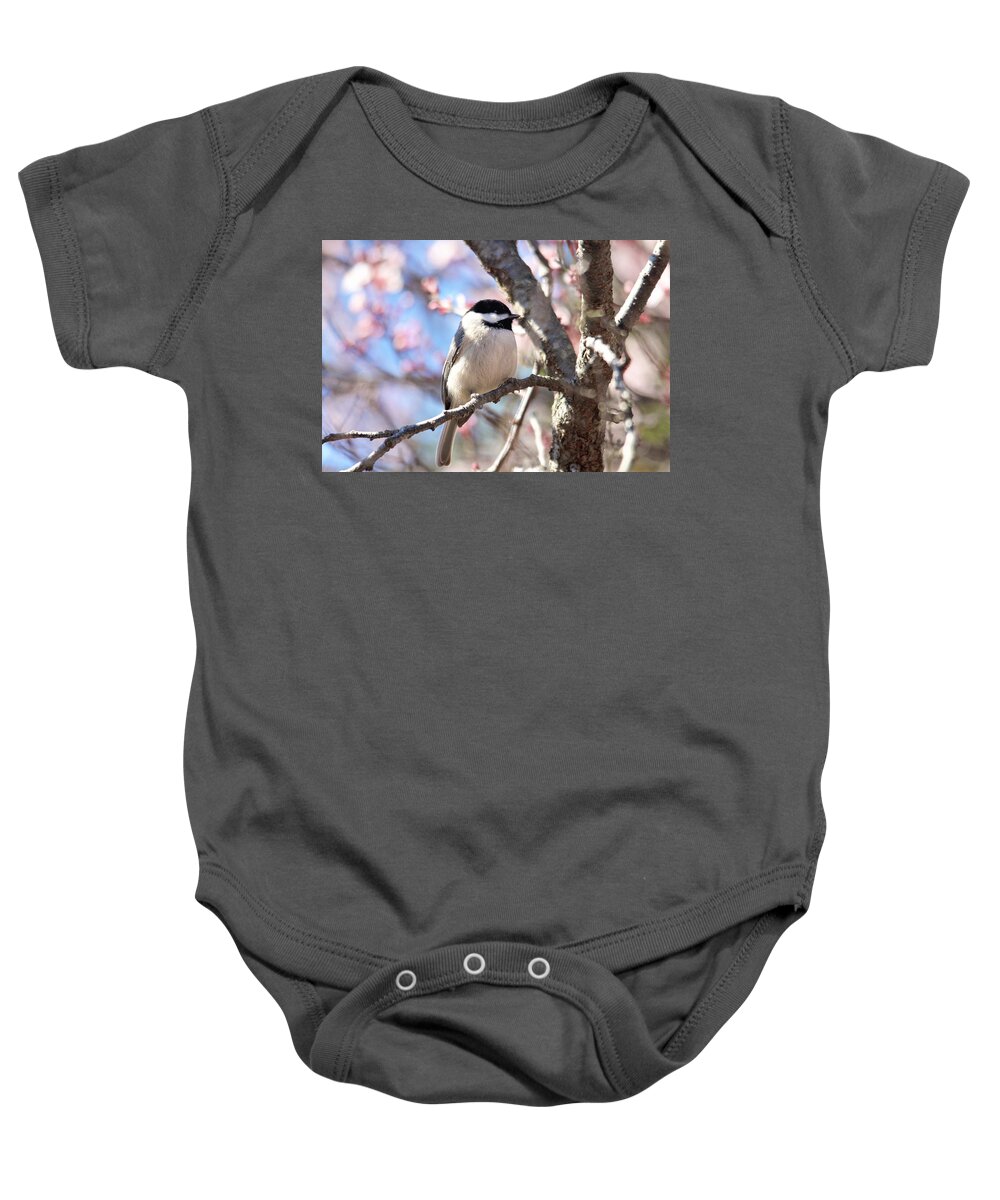 Birds Baby Onesie featuring the photograph Little Chickadee by Trina Ansel