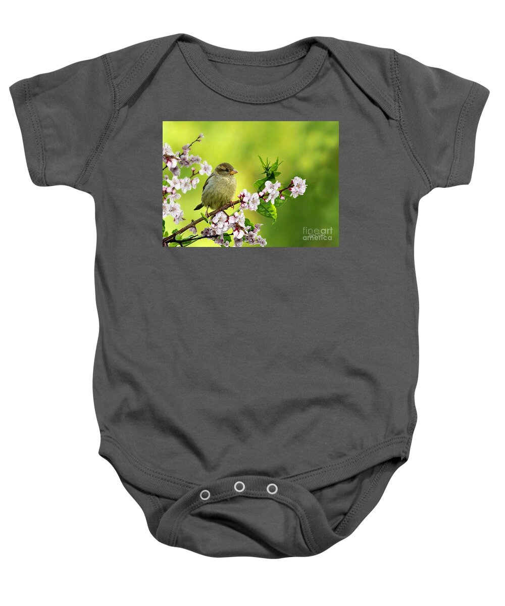 Sparrow Baby Onesie featuring the pyrography Little Sparrow by Morag Bates
