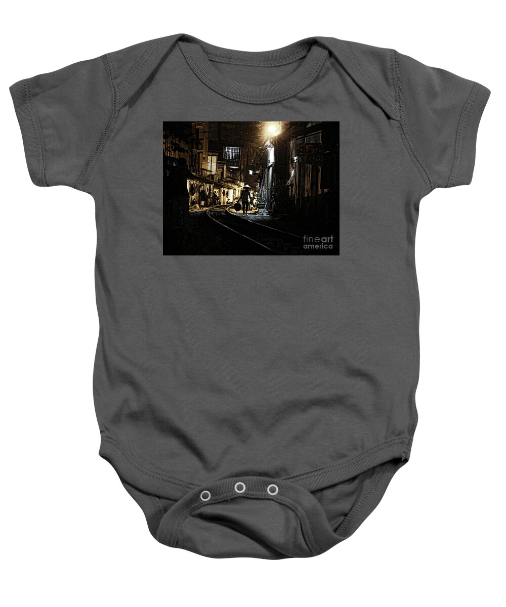 Vietnam Baby Onesie featuring the photograph Living on the Tracks Night by Chuck Kuhn