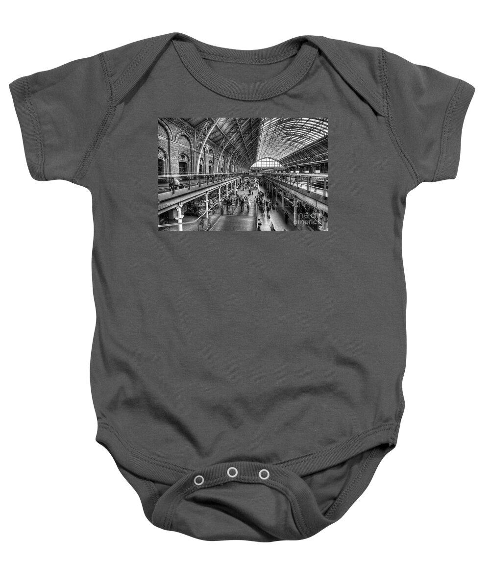 Art Baby Onesie featuring the photograph London Train Station BW by Yhun Suarez