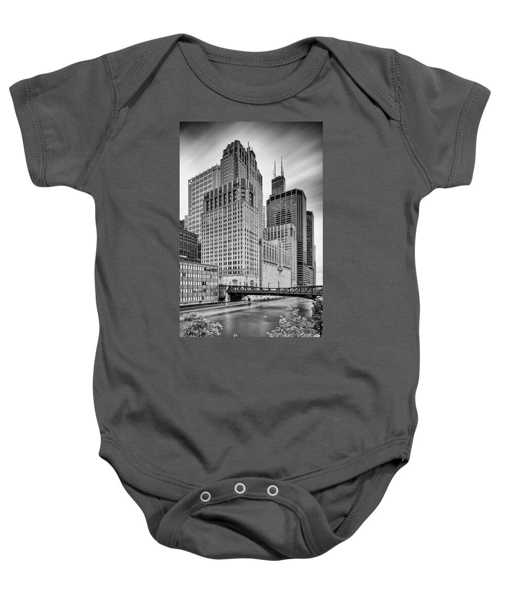 Windy Baby Onesie featuring the photograph Long exposure Image of Chicago River Civic Opera House and top of the Willis Tower - Illinois by Silvio Ligutti