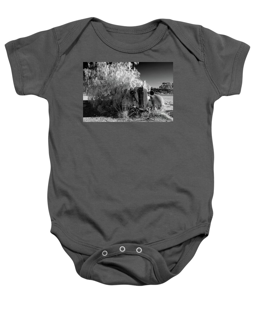 Broken Hill Nsw New South Wales Australian Old Car Pepper Tree Monochrome Mono B&w Black And White Baby Onesie featuring the photograph Long Term Parking by Bill Robinson