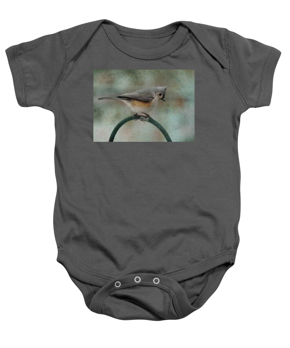 Tufted Titmouse Baby Onesie featuring the photograph Looking for Treats by Karen Beasley