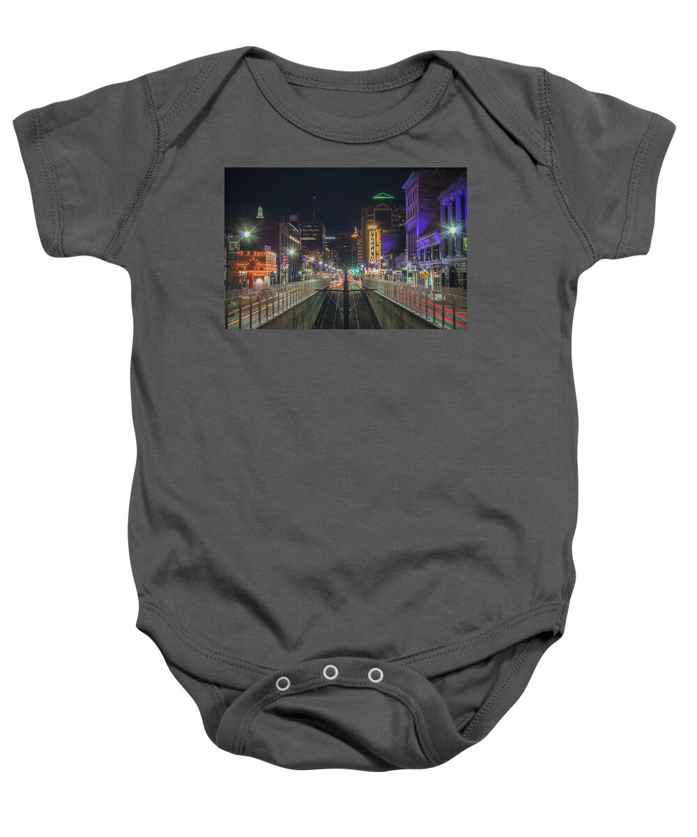 Buffalo Baby Onesie featuring the photograph Looking south on Main Street in Buffalo at night by Jay Smith