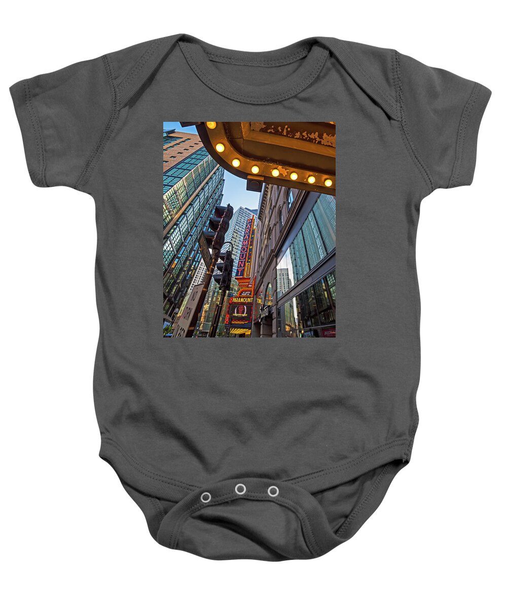 Boston Baby Onesie featuring the photograph Looking up at the Boston Paramount Boston MA by Toby McGuire