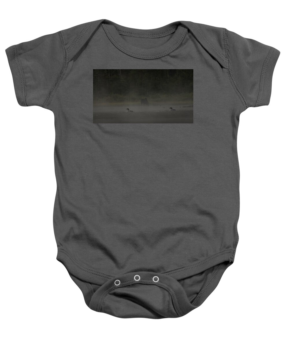 Long Pond Baby Onesie featuring the photograph Loon and Moose in the mist by Benjamin Dahl