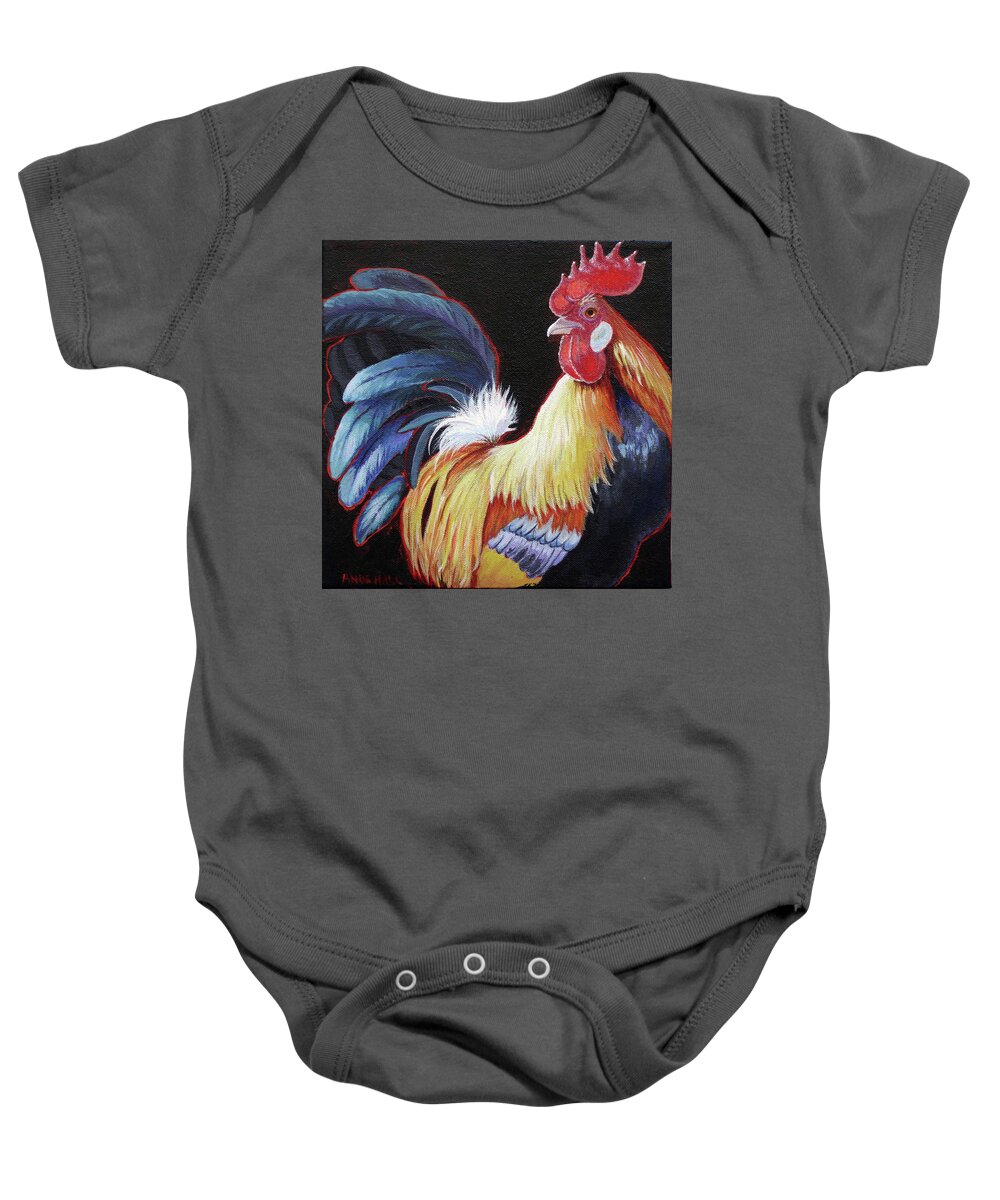 Colorful Rooster Baby Onesie featuring the painting Lori's Rooster 2 by Ande Hall