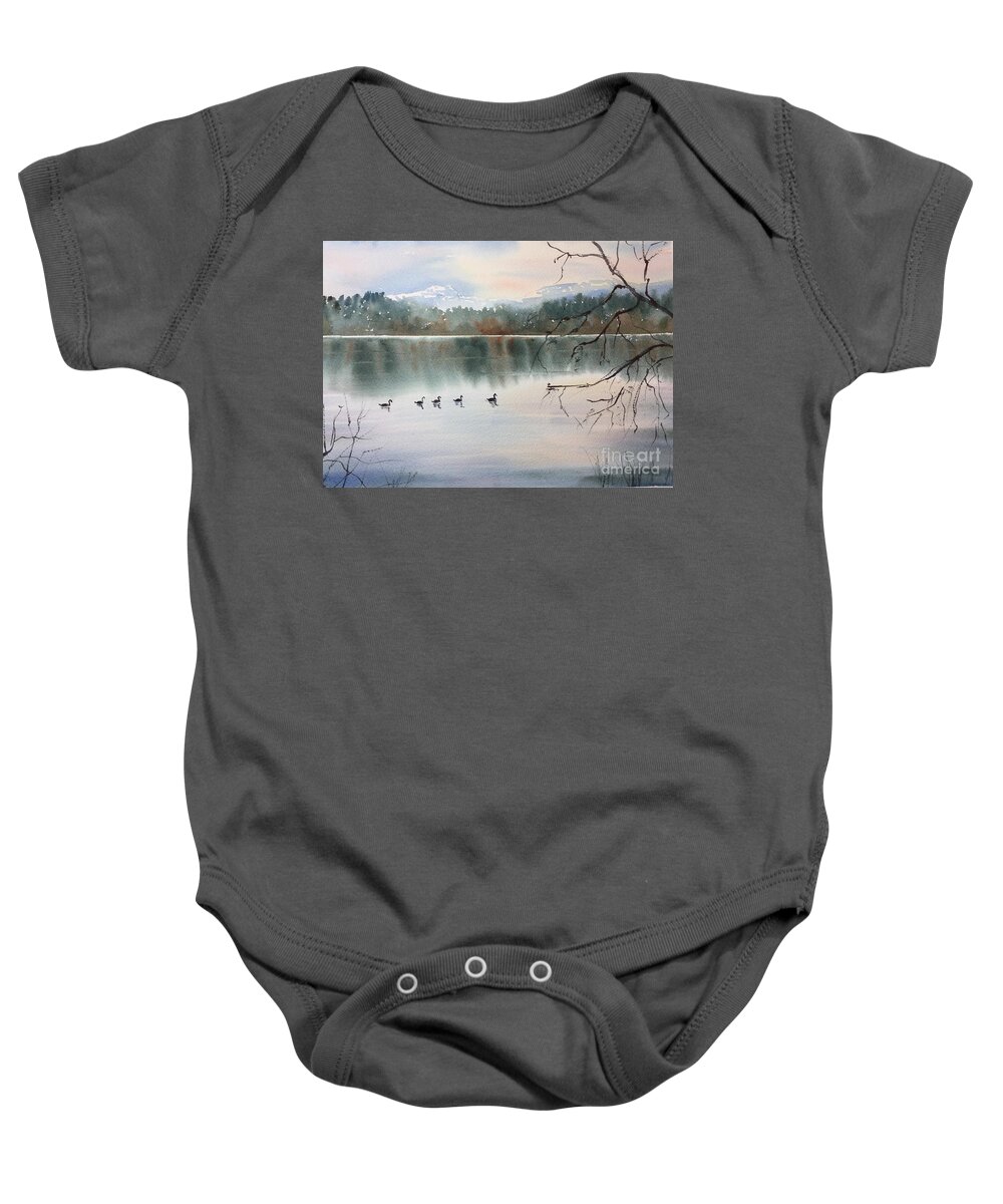 Lost Lagoon Vancouver Watercolor Painting Baby Onesie featuring the painting Lost Lagoon Evening by Watercolor Meditations