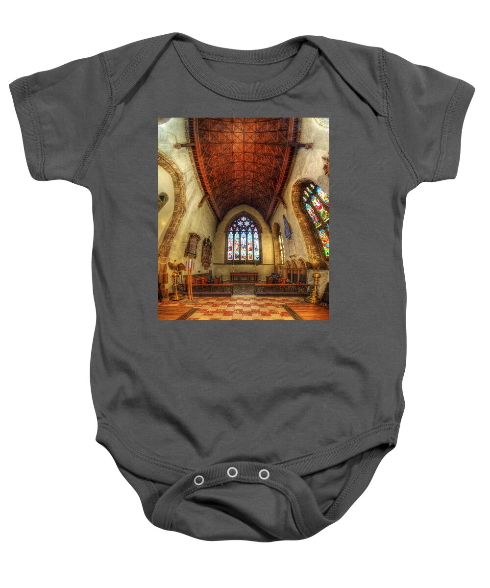 Yhun Suarez Baby Onesie featuring the photograph Loughborough Church - Altar Vertorama by Yhun Suarez