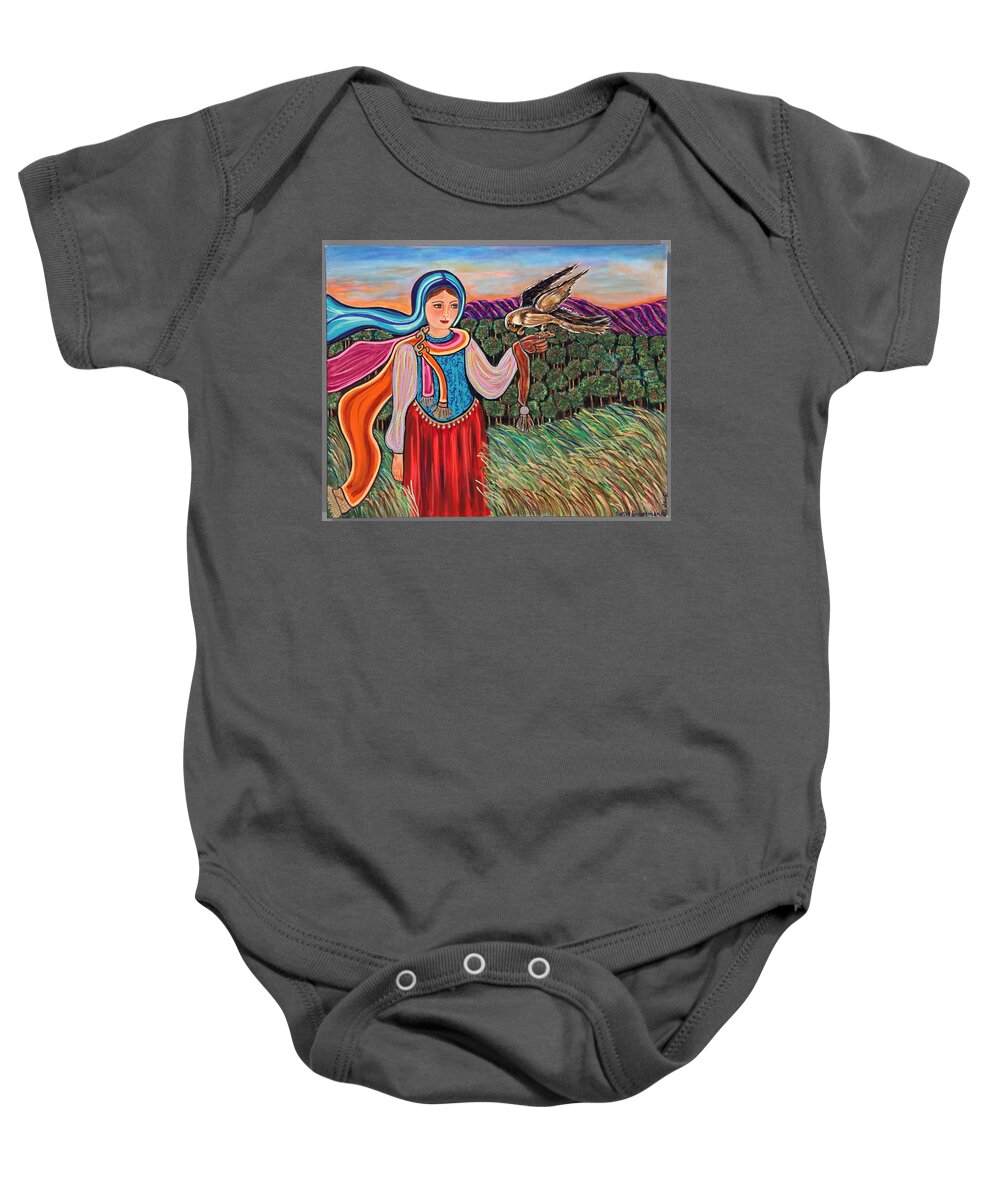 Falconry Baby Onesie featuring the painting Love and Trust by Susie Grossman