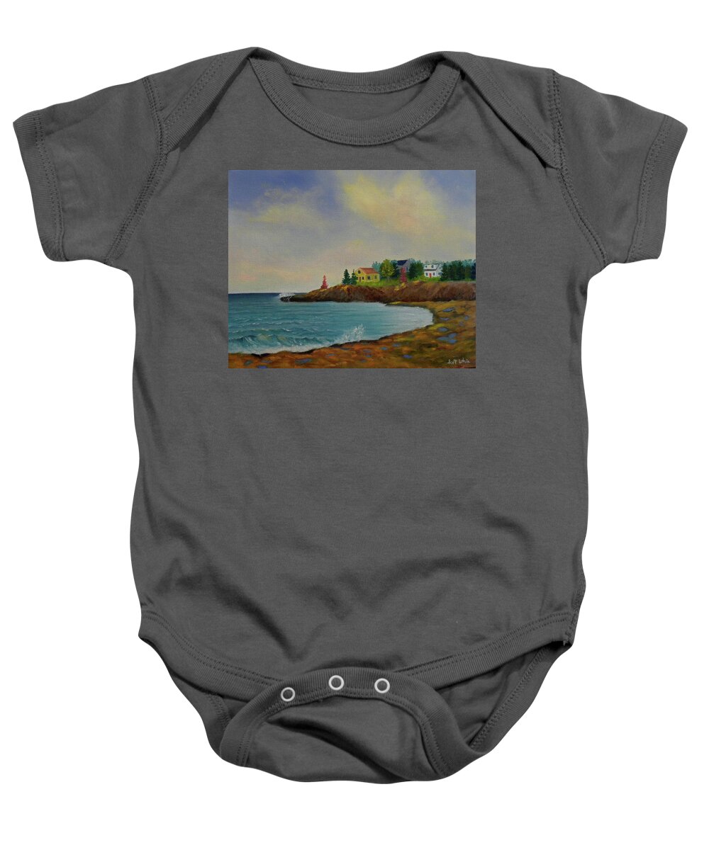 Beach Seascape Landscape Ocean Sea Waves Houses Rocks Cove Artist Scott White Baby Onesie featuring the painting Low Tide by Scott W White