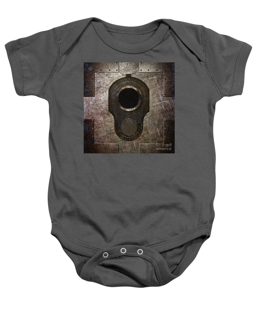 Colt 45 Baby Onesie featuring the digital art M1911 Muzzle on Rusted Riveted Metal Dark by Fred Ber
