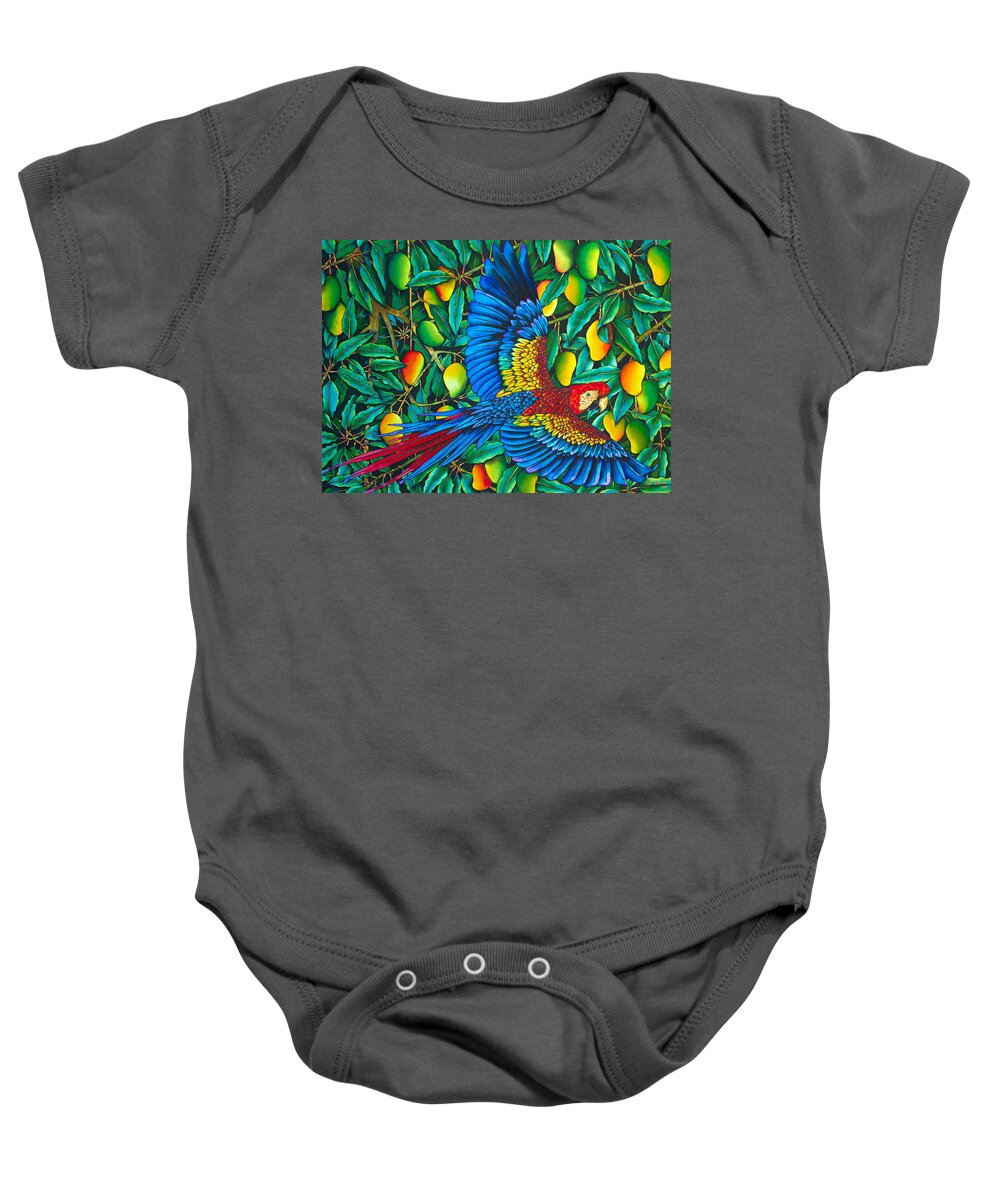 Macaw Parrot Baby Onesie featuring the painting Scarlet Macaw Parrot by Daniel Jean-Baptiste
