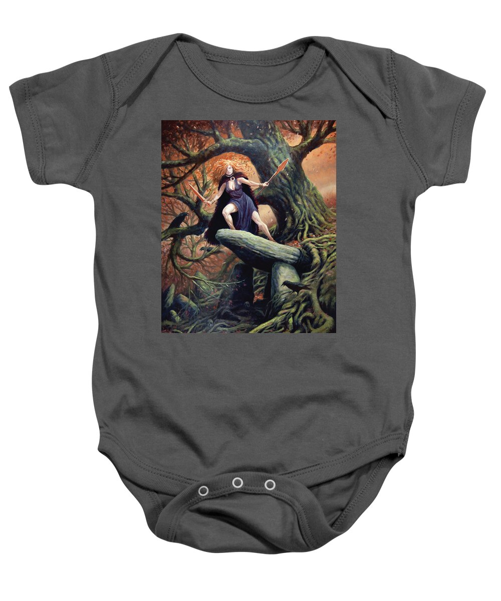 Celtic Baby Onesie featuring the painting Macha The Irish Goddess of War by Jeremy McHugh