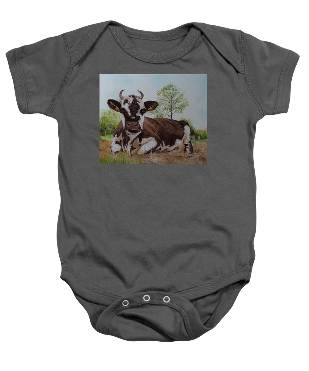 Cow In French Baby Onesie featuring the painting Madame Vache by Kathy Knopp