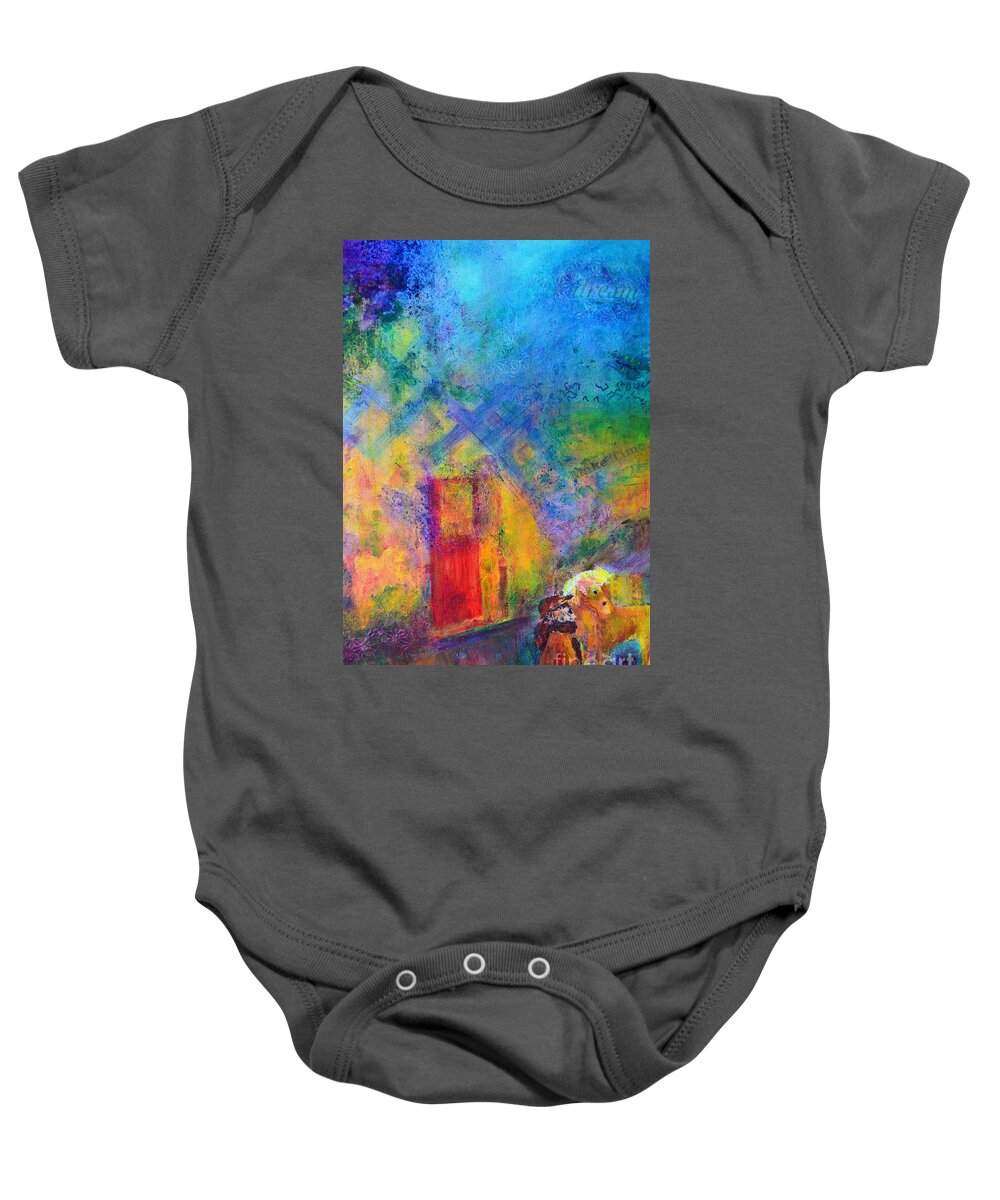 Man Baby Onesie featuring the painting Man and Horse on a Journey by Claire Bull