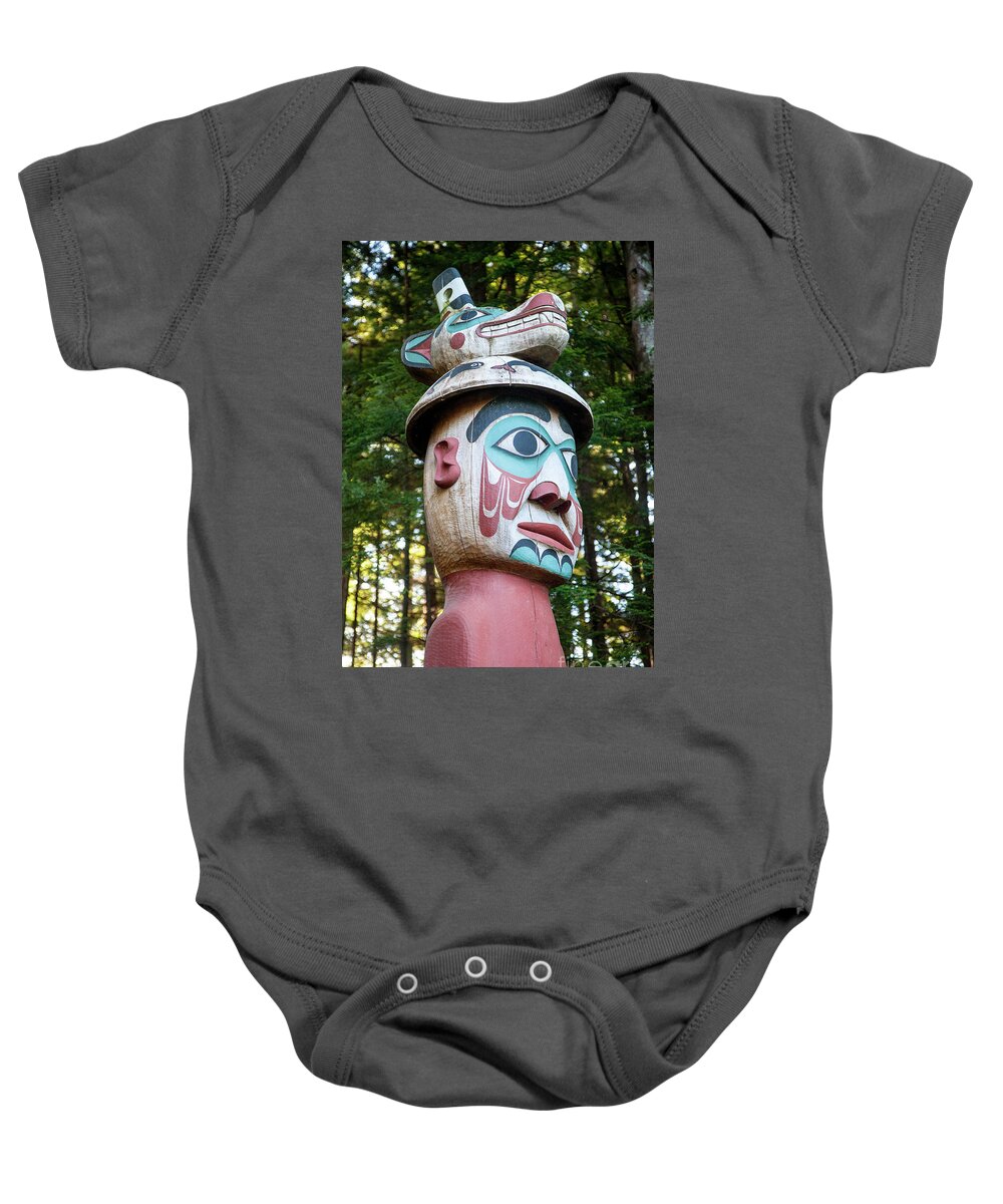 Totem Baby Onesie featuring the photograph Man Wearing Bear Hat by Timothy Johnson