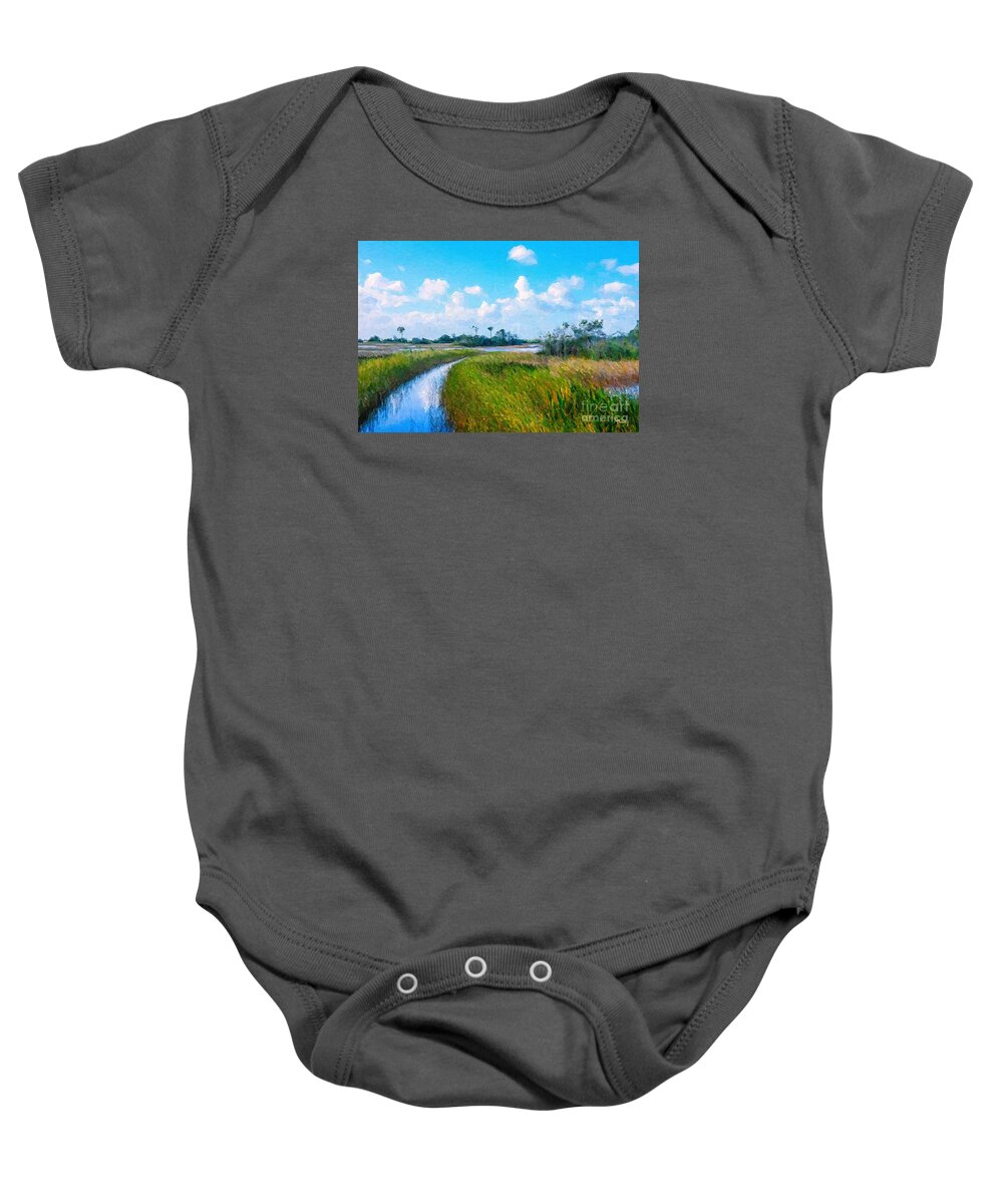 Marsh Baby Onesie featuring the painting Marsh Trail by Tammy Lee Bradley