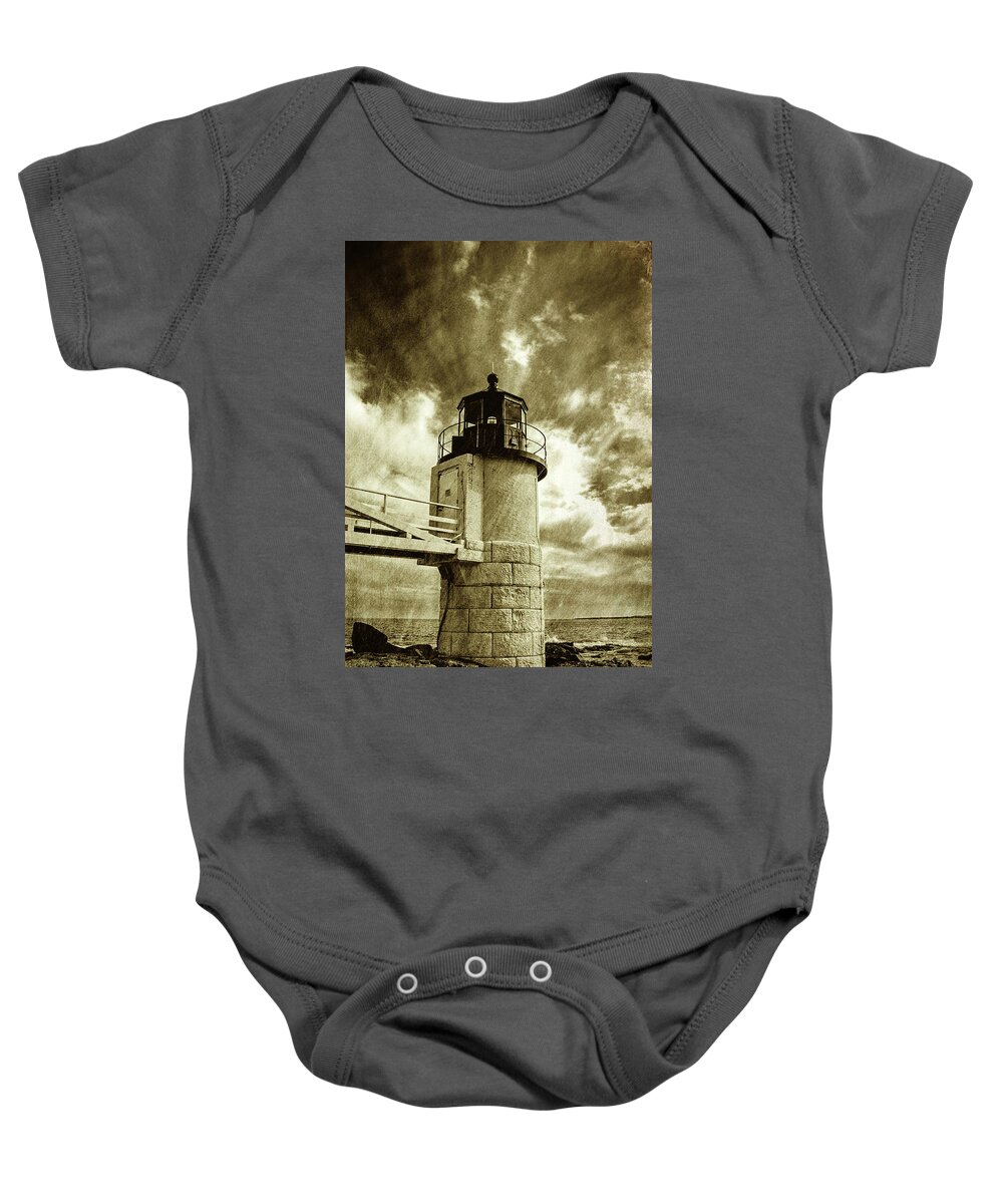 Marshall Point Lighthouse Baby Onesie featuring the photograph Marshall Point Lighthouse sepia distessed antique look by David Smith