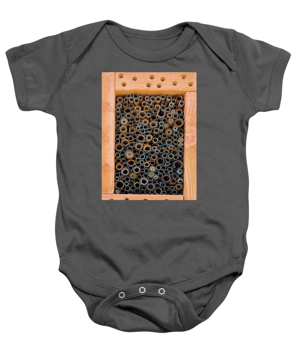 Bee Baby Onesie featuring the photograph Mason Bee House by Mitch Spence
