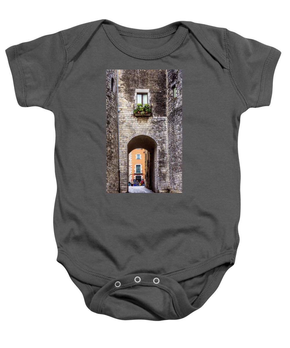 Joan Carroll Baby Onesie featuring the photograph Medieval Girona Lane by Joan Carroll