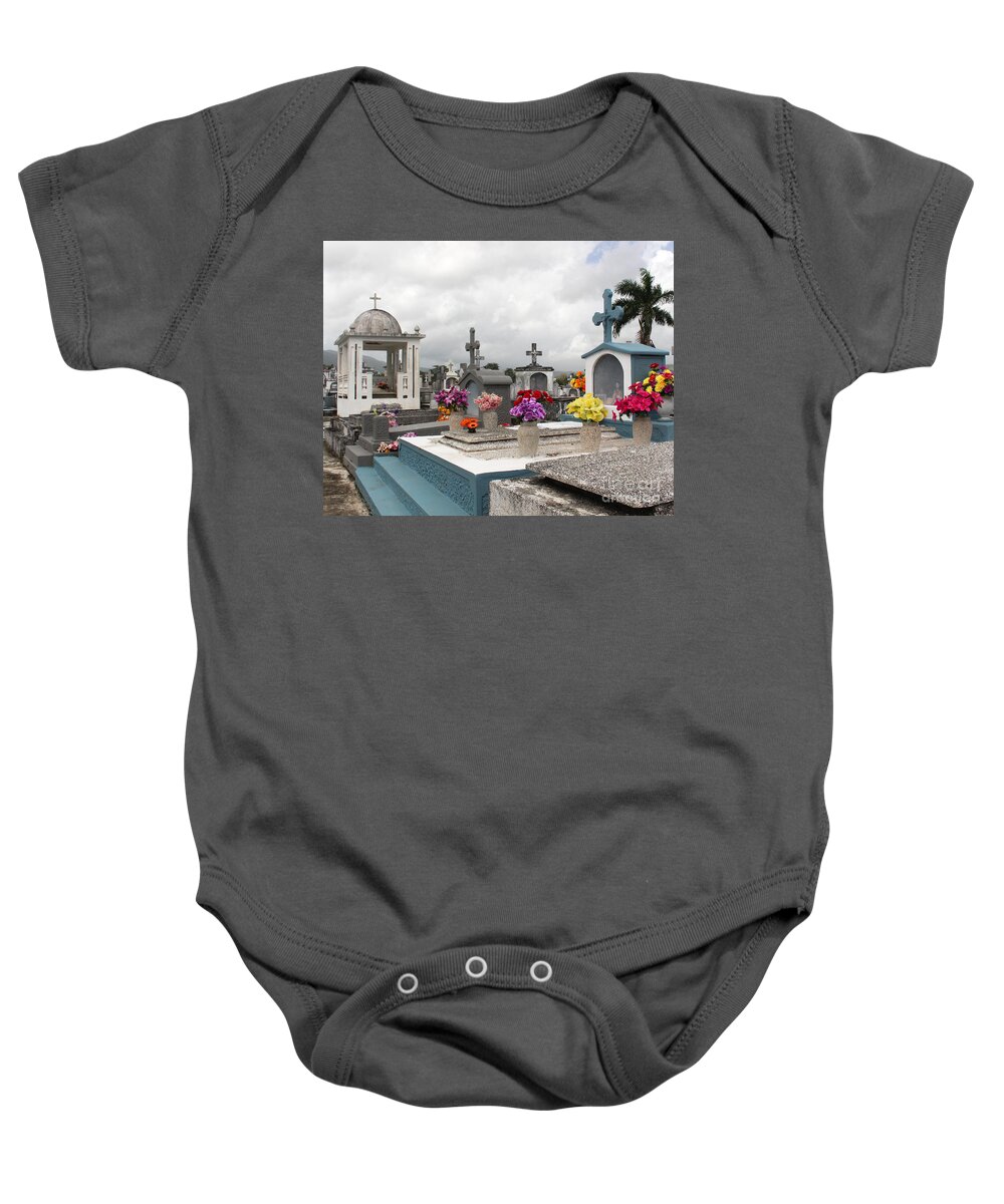 Cemetery Baby Onesie featuring the photograph Memorial Flowers by Cheryl Del Toro