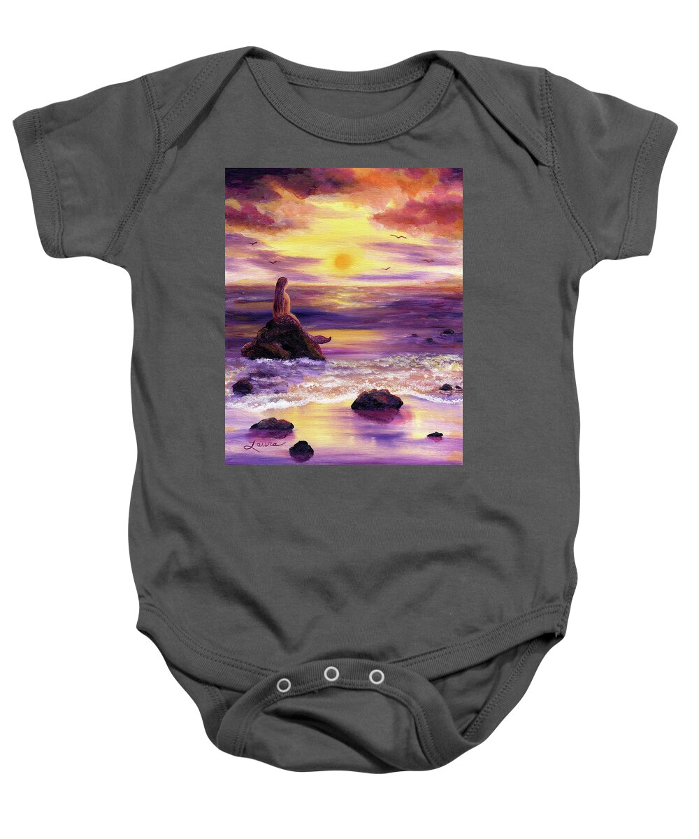 Mermaid Baby Onesie featuring the painting Mermaid in Purple Sunset by Laura Iverson