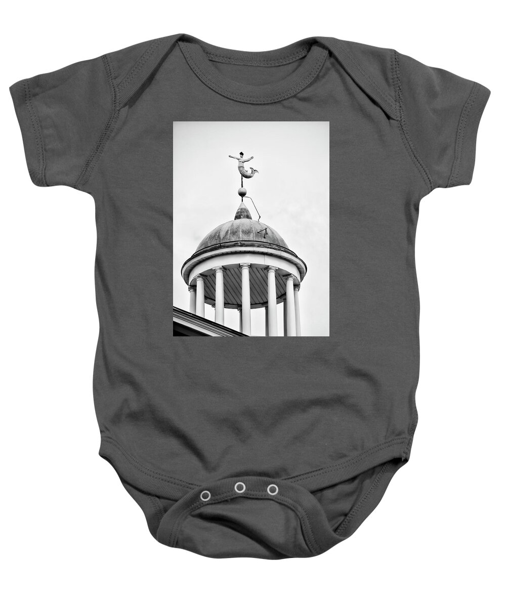 Mermaid Baby Onesie featuring the photograph Mermaid Weather Vane - Dickinson College in Black and White by Bill Cannon