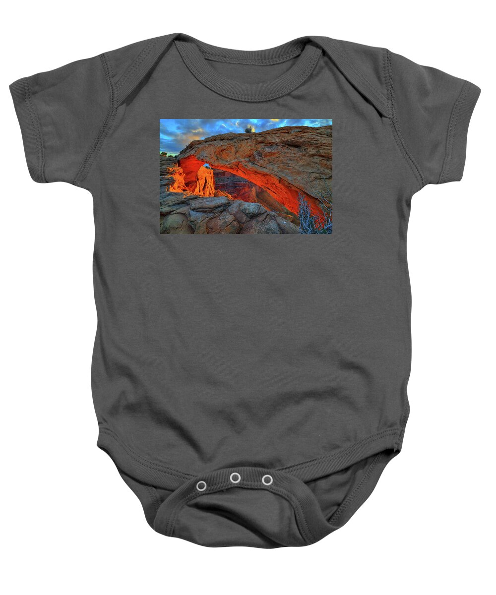 Mesa Arch Baby Onesie featuring the photograph Mesa Arch Morning Light by Greg Norrell