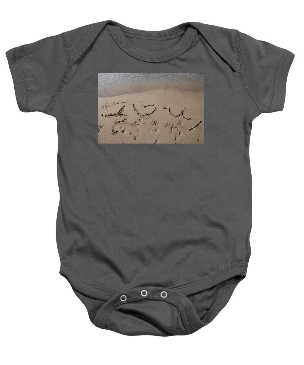 I Love You Baby Onesie featuring the photograph Message in the Sand by Valerie Collins