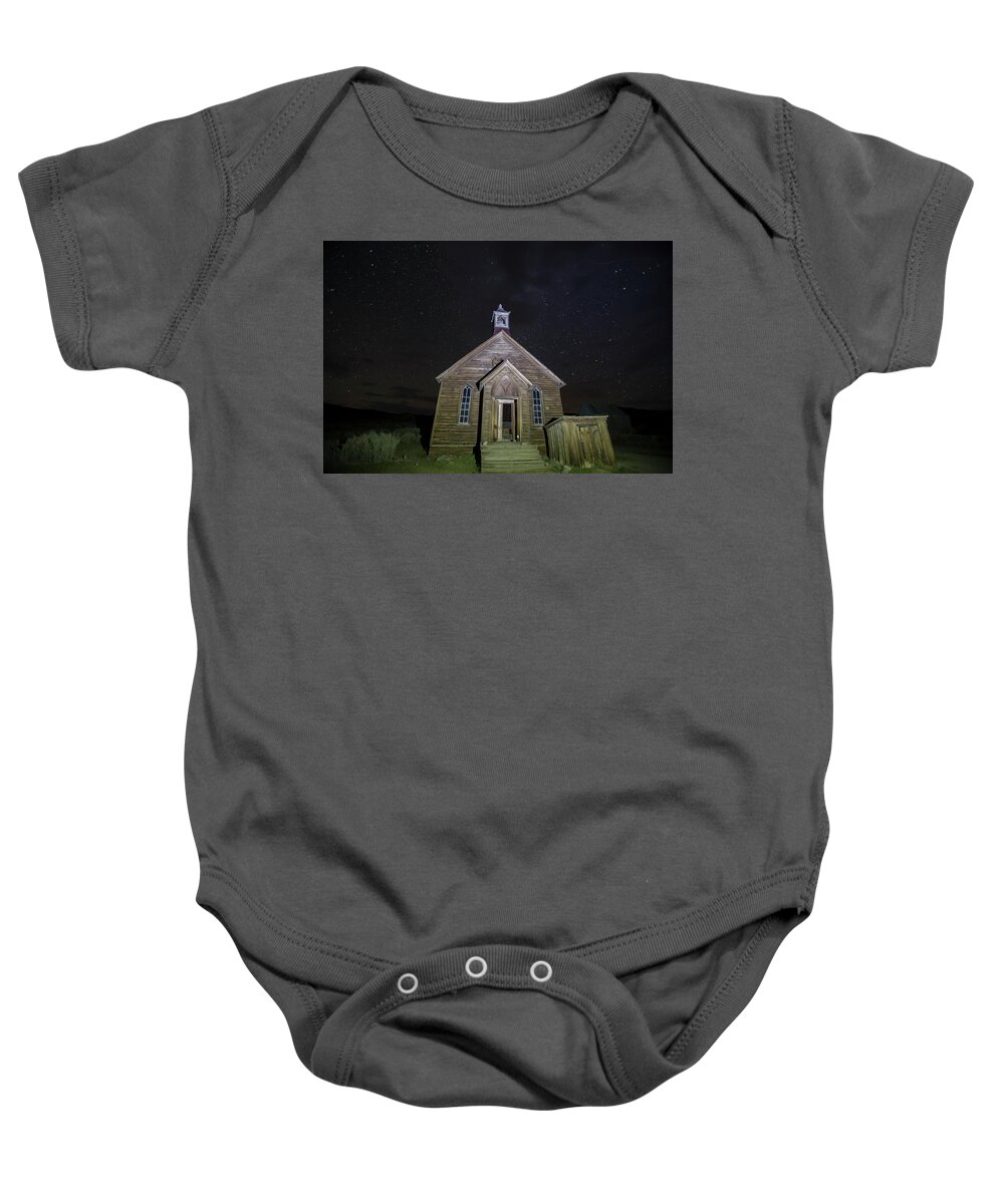 Abandoned Baby Onesie featuring the photograph Methodist church at night, Bodie, California by Karen Foley