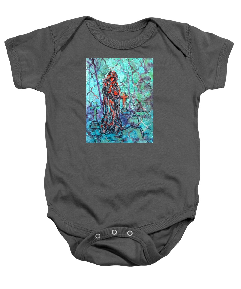 Statue Baby Onesie featuring the painting Midnight in the Garden of Good and Evil by Barbara O'Toole