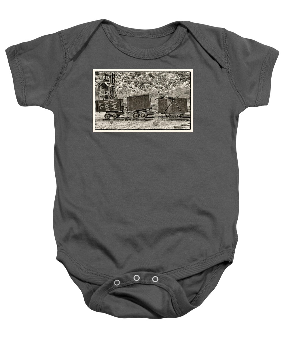Joshua Tree National Park_key's Desert Queen Ranch Baby Onesie featuring the digital art Mining Cars by Sandra Selle Rodriguez