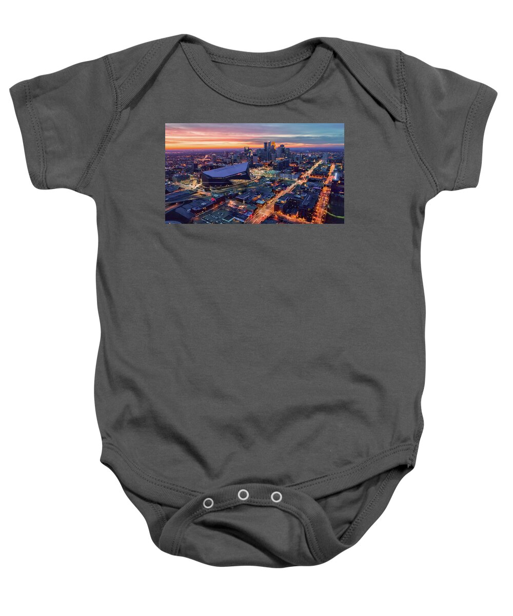 City Baby Onesie featuring the photograph Minneapolis and US Bank Stadium at Dusk by Gian Lorenzo Ferretti