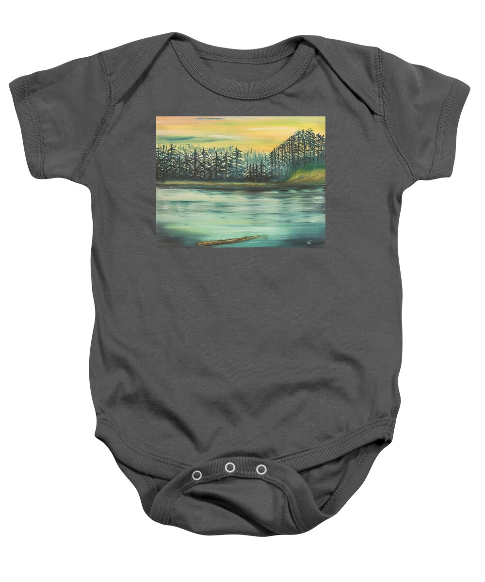 Lake Baby Onesie featuring the painting Mirror Lake by Neslihan Ergul Colley