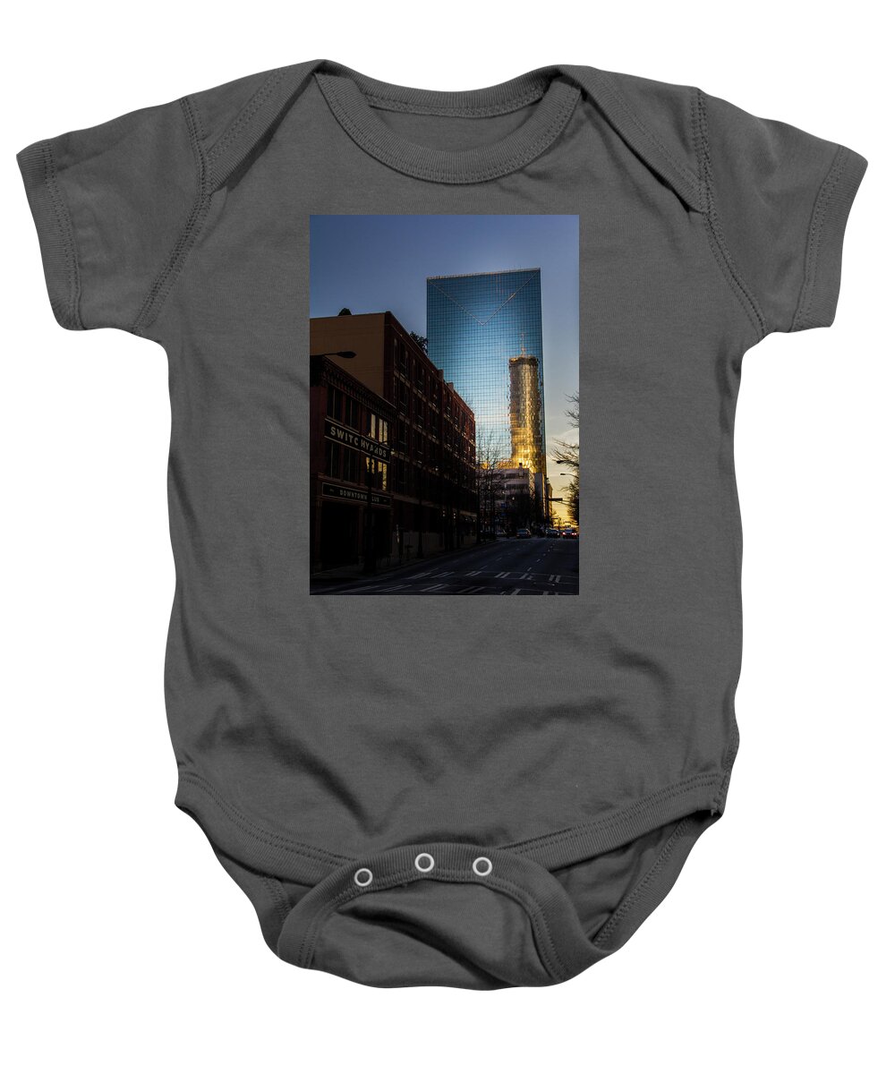 Reflection Baby Onesie featuring the photograph Mirror Reflection of Peachtree Plaza by Kenny Thomas