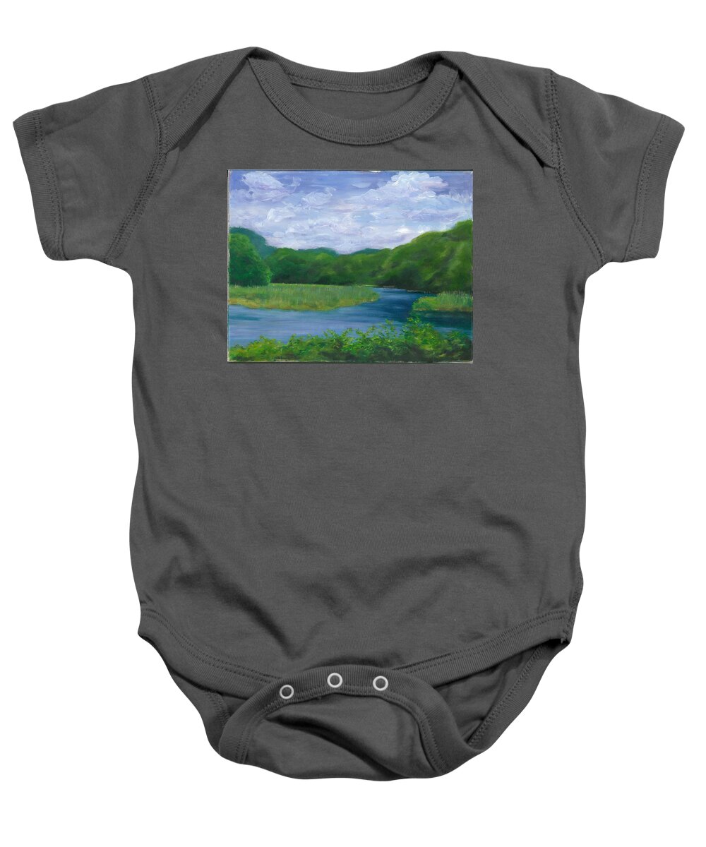Landscape Baby Onesie featuring the painting Miss Florences Backyard by Paula Emery