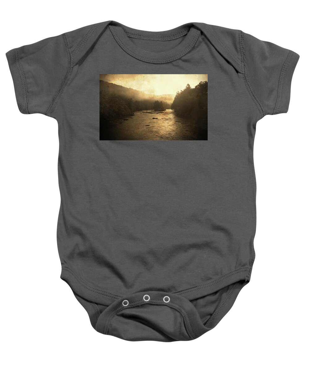 Landscape Baby Onesie featuring the mixed media Misty Morning Angels by Kevyn Bashore