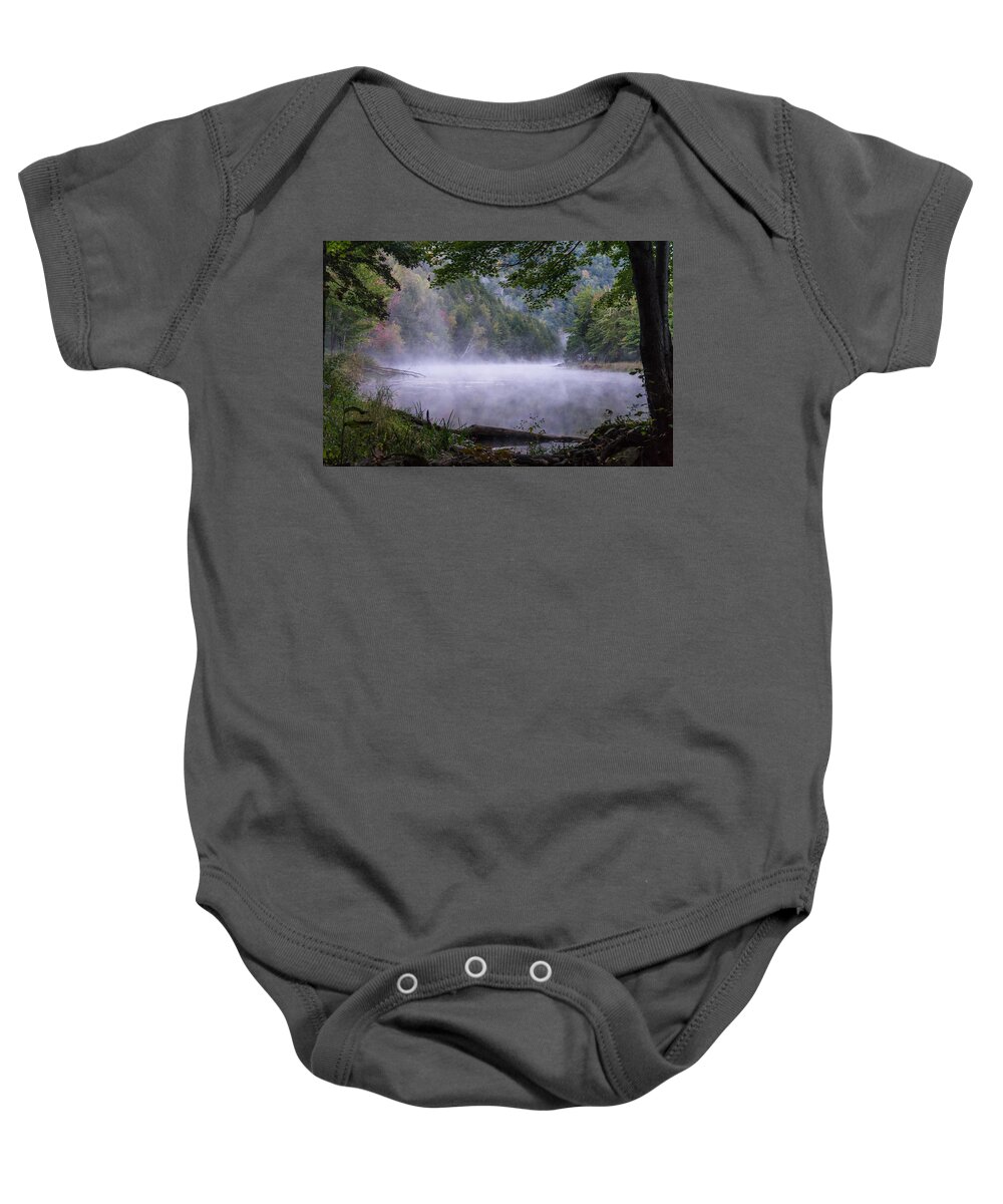 Mist Baby Onesie featuring the photograph Misty Morning At Pond's Shore by Ann Moore