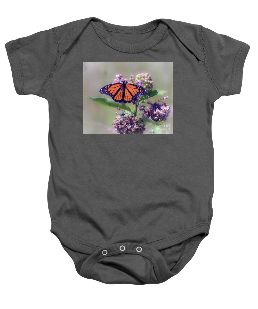 Monarch Butterfly Baby Onesie featuring the photograph Monarch on the Milkweed by Kerri Farley