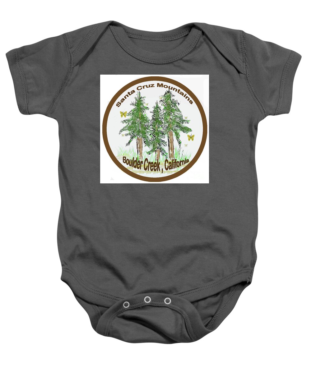 Monarch Butterflies Redwood Trees Santa Cruz Mountains Boulder Creek California Trees Baby Onesie featuring the mixed media Monarchs and Redwoods by Ruth Dailey