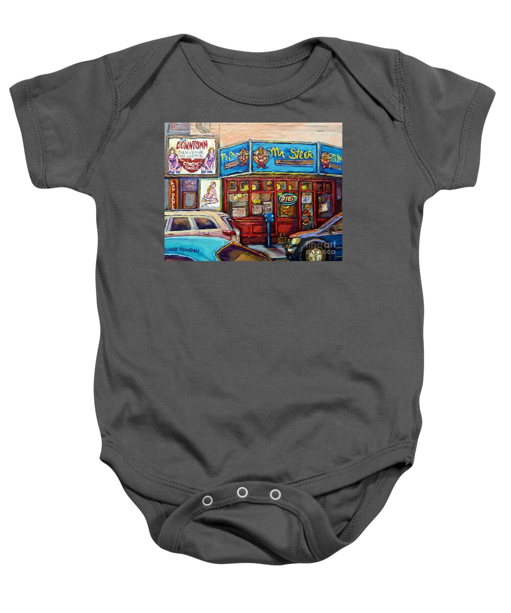 Restaurants Baby Onesie featuring the painting Montreal Downtown City Scene Painting Mr Steer Restaurant Store Sign Canadian Art Carole Spandau   by Carole Spandau